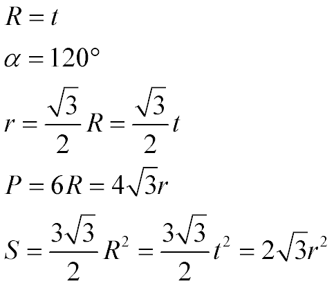 Формулы площади, периметра, радиуса вписанной окружности для правильного шестиугольника